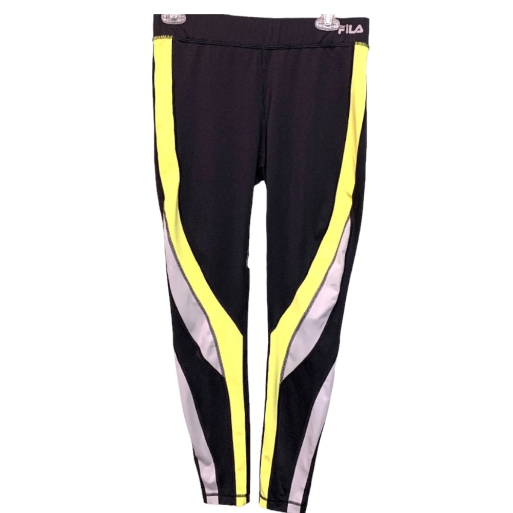 Fila Women’s Performance Leggings Size M Black Florescent Yellow Stripe Contour
